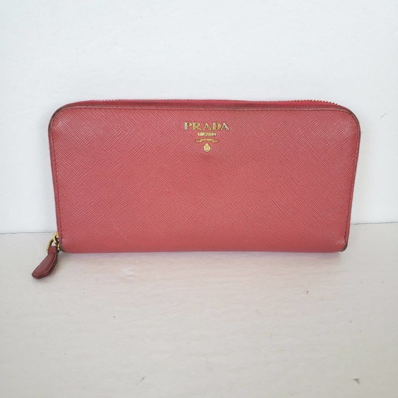 Prada Long Wallet Saffiano Leather Zipper Pink Zip Around Italy Continental Logo - Picture 1 of 12